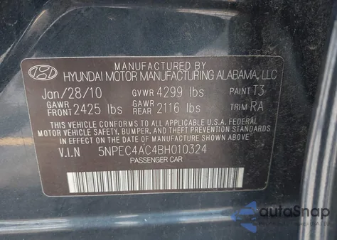 2011 Hyundai Sonata Limited из США, поврежденный, VIN 5NPEC4AC4BH010324